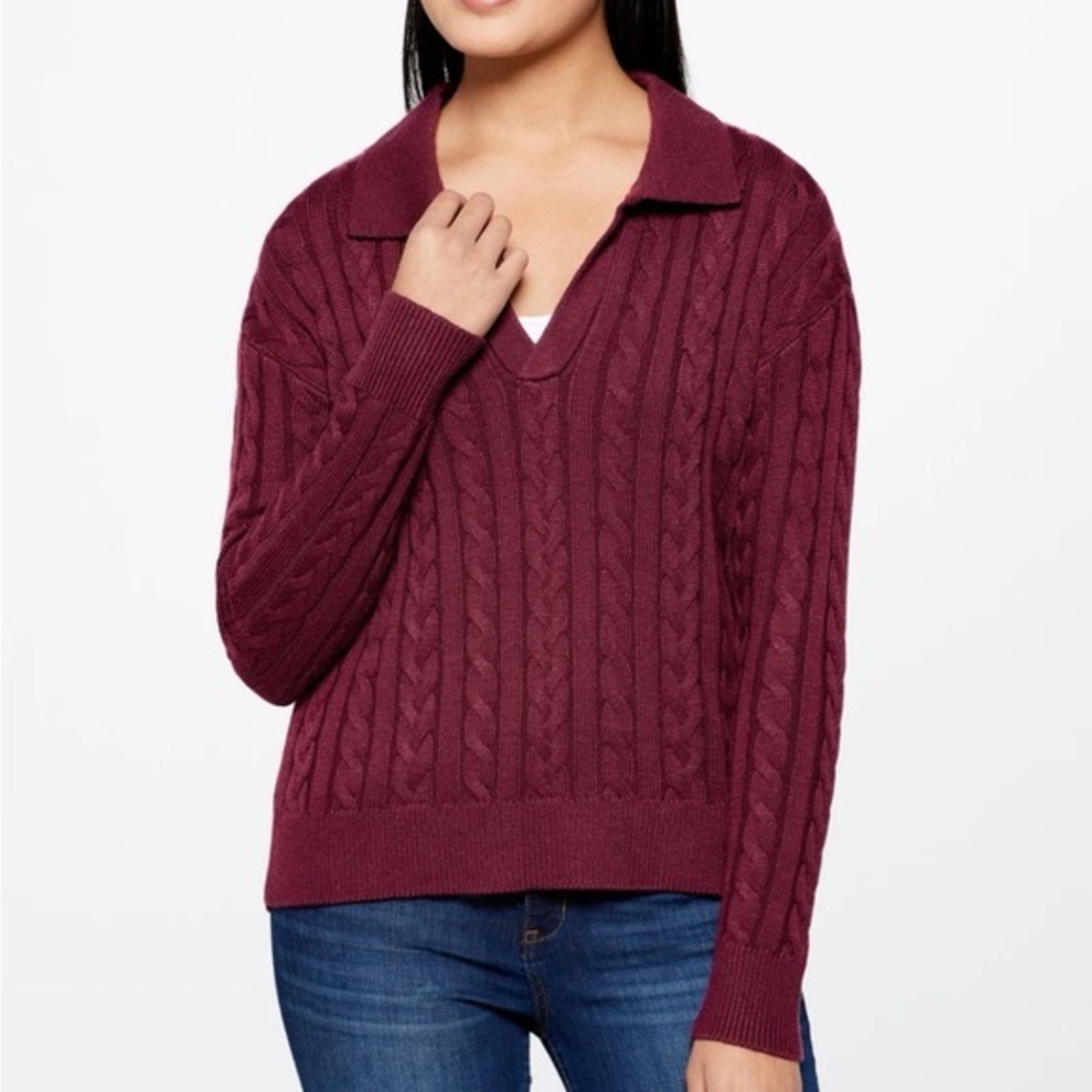 Market & Spruce V-Neck Cable Knit Sweater - Plum
